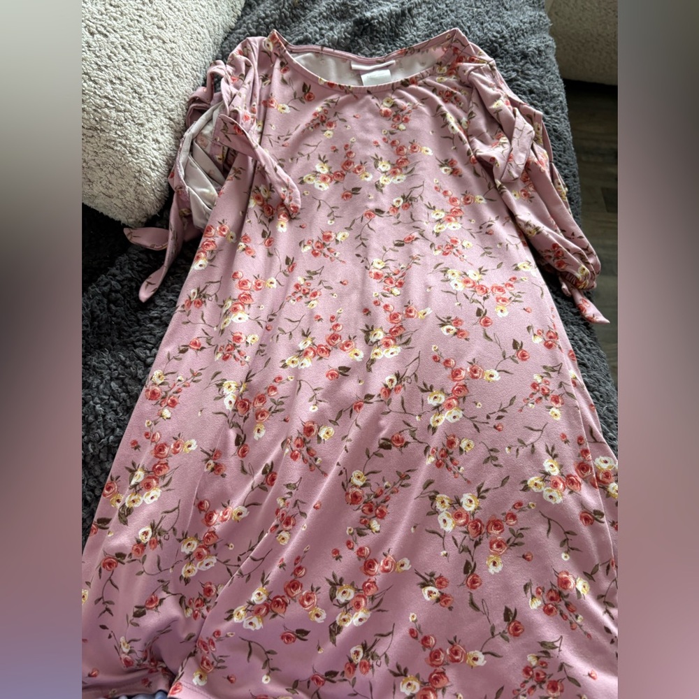 Floral Pink Dress with Tie Sleeves